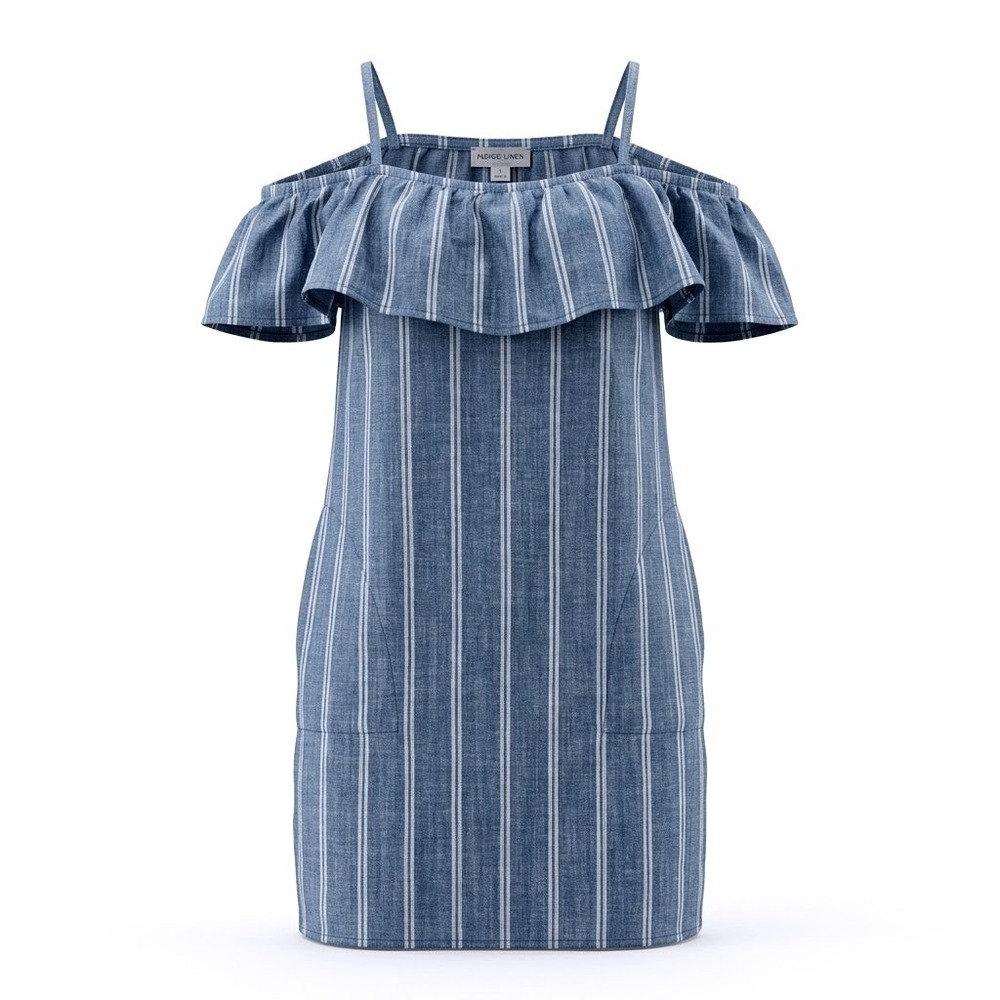 J.Crew Factory Striped Chambray Ruffle Neck Dress Blue White F2268 XXS
